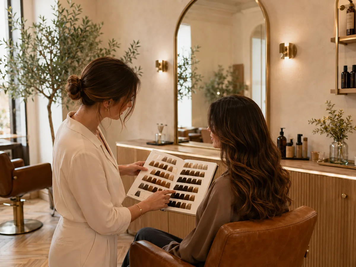 Coiffeuse présentant un nuancier de couleurs à une cliente assise dans un fauteuil.