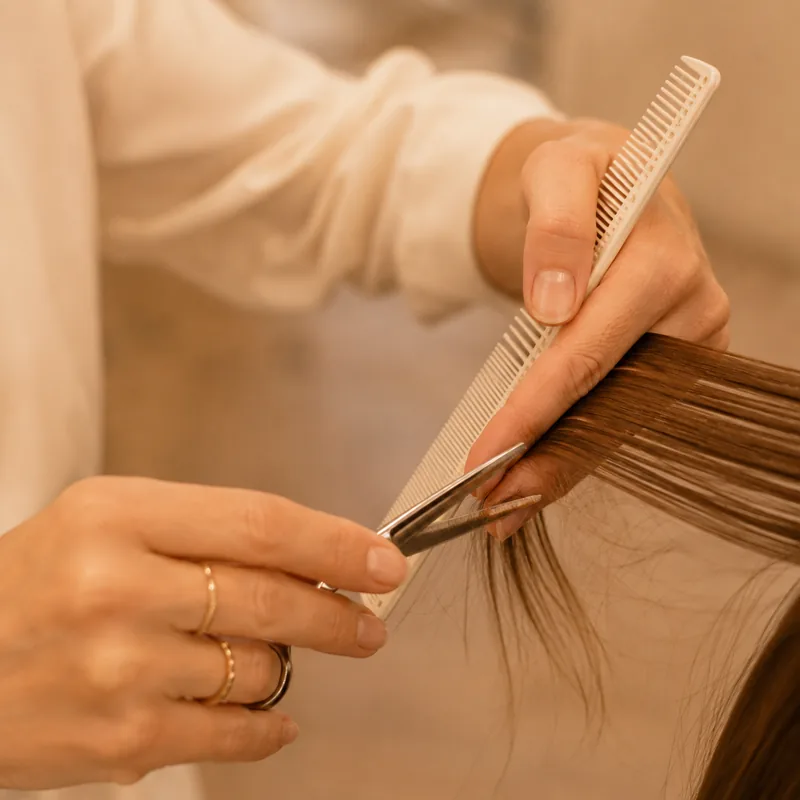 Mains d’une coiffeuse tenant un peigne et des ciseaux dans une mèche de cheveux.