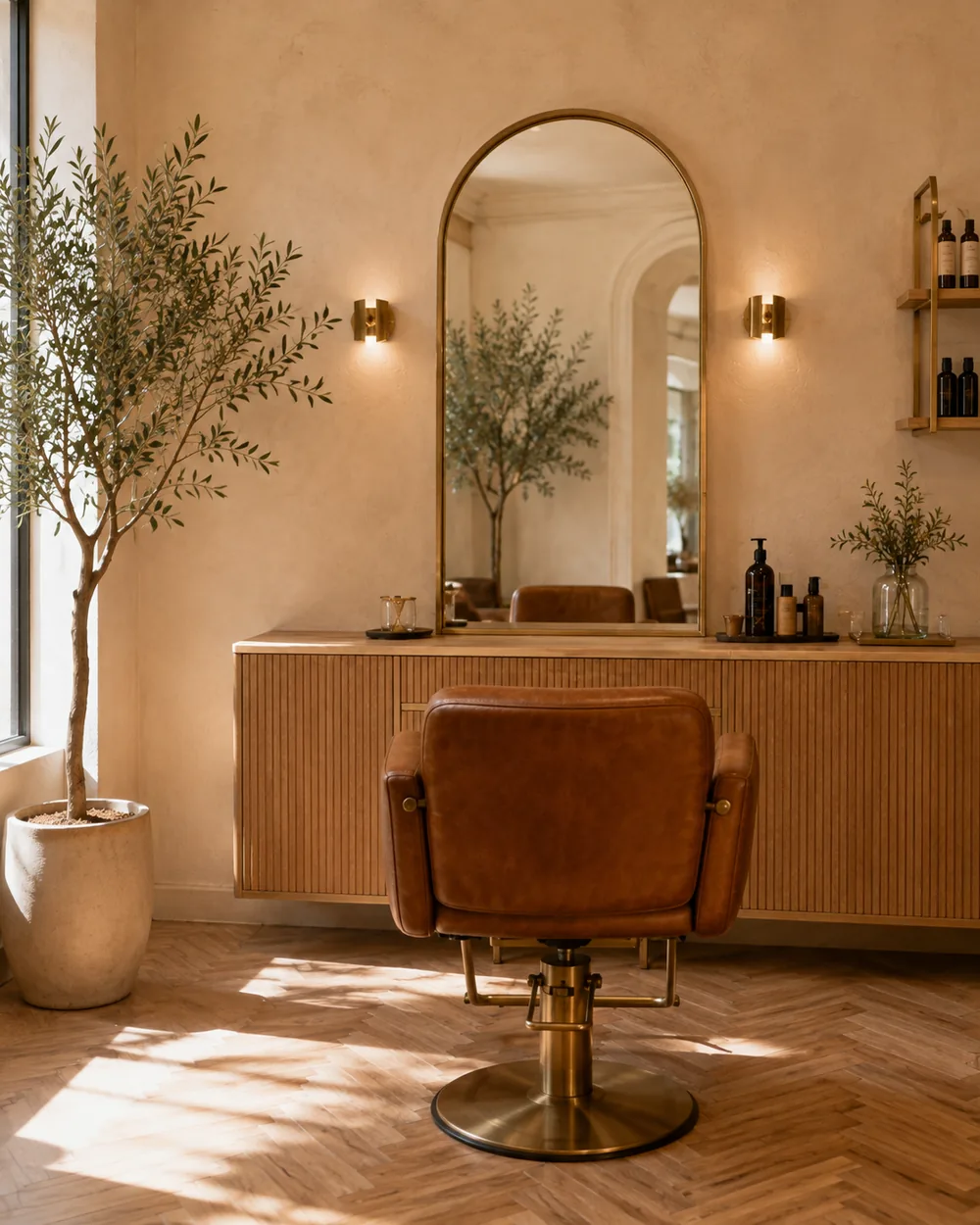 Poste de coiffage isolé : miroir arqué en laiton, fauteuil en cuir cognac et olivier en pot.