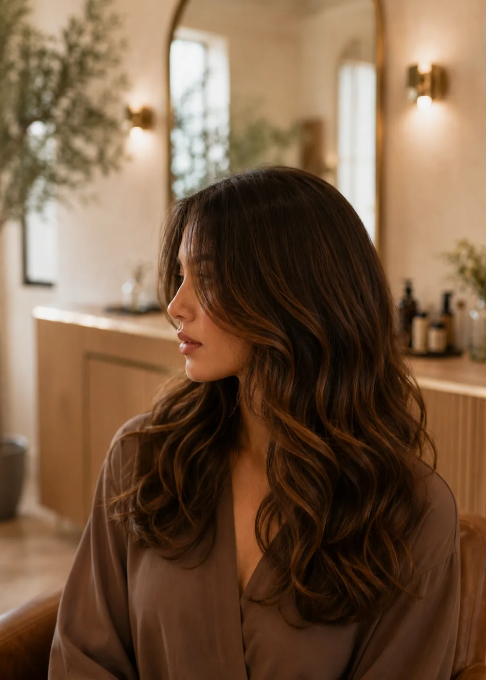 Cliente de profil après un brushing, cheveux ondulés châtains aux reflets cuivrés.