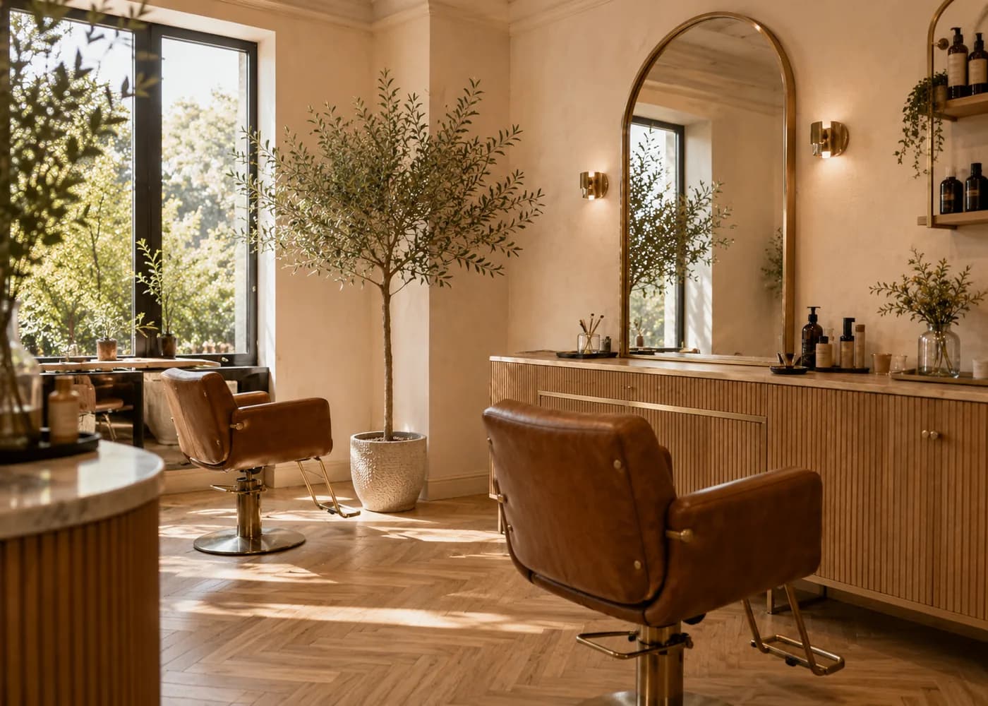 Vue d’ensemble du salon : postes de coiffage, olivier en pot et parquet à chevrons.
