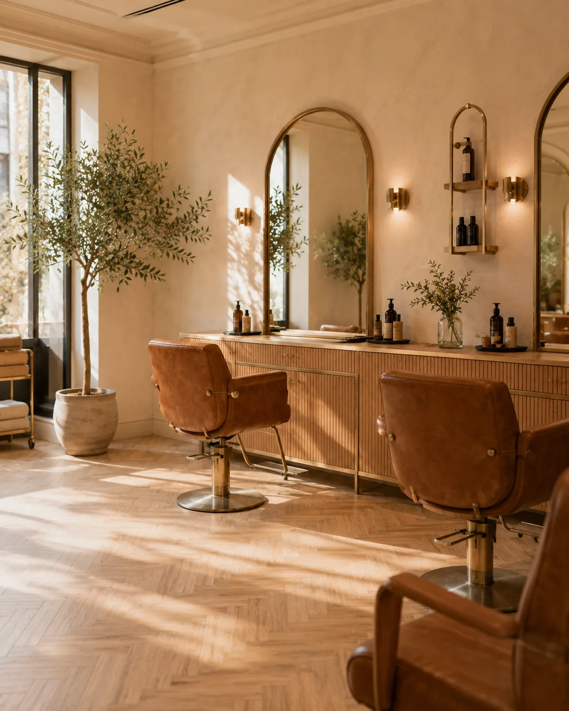 Salle principale du salon : postes de coiffage face à des miroirs arqués en laiton, fauteuils en cuir cognac et olivier près de la baie vitrée.