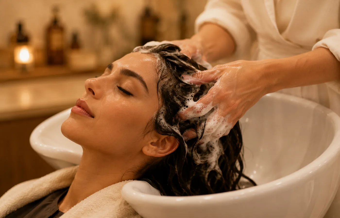 Cliente allongée au bac, shampooing appliqué en massage du cuir chevelu.